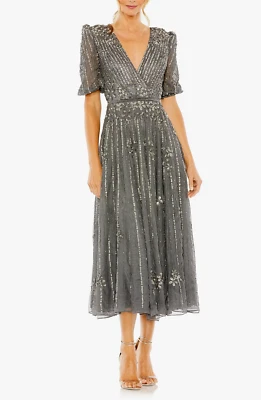 Mac Duggal Pewter Sequin Embellished Puff Sleeve Cocktail Dress Size 10 $598