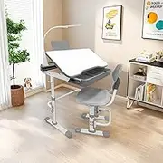 Yinleader Kids Desk and Chair Set,Height Adjustable,Spacious Storage Drawer,with Adjustable Tilted Desktop, Bookstand, Touch Led Lamp for School Student (Gray Set)