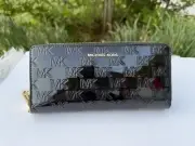 Michael Kors Jet Set Large Continental Wallet Embossed Leather Mk Logo Black