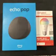 Amazon Echo Pop Smart Speaker 2023 Alexa Wifi Full Sound Compact + Smart Bulb