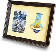 Solid Wood Medal Display Shadow Box,Single Medal and Photo Display Frame Case,Marathon Medal Storage Box for Runners, Race Winner, Soccer, Football