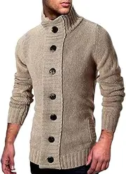 [Generic] Men's High Neck Retro Single Breasted Knitted Cardigan Solid Color Casual Loose Oversized Sweater Cardigan