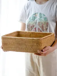 在飛比找樂天市場購物網優惠-越南藤編收納筐桌面雜物零食玩具收納籃家用長方形日式編織置物籃