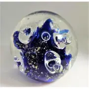 Murano Glass Abstract Blue Paperweight, Controlled Bubble, Gold Leaf