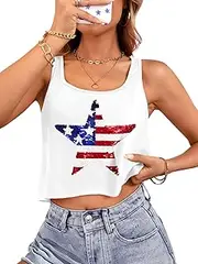 [For G and PL] Womens 4th of July American Flag Tank Top Patriotic Red White and Blue Sleeveless Crop Tee Shirt for Ladies
