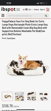 Large dog bed rectangle 36" x 27" plush removable/washable