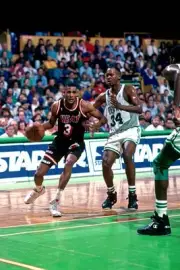 Steve Smith Miami Heat drives v Kevin Gamble Boston Celtics played- Old Photo