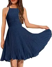 [HOSIKA] Girls Halter Neck Summer Sleeveless Elegant Floral Lace Chiffon A-Line Flared Swing Party Dress for 6-12 Y