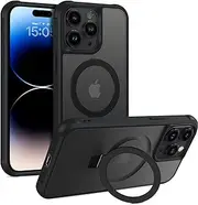 GUAGUA Magnetic for iPhone 15 Pro Case with Stand [Compatible with MagSafe] iPhone 15 Pro Phone Case Matte Back [Heavy Duty Protection] Invisible Magnetic Kickstand Case Women Men iPhone 15 Pro，Black