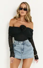 Seraphina Bodysuit - Off Shoulder Long Sleeve Detachable Rosette Mesh Bodysuit in Black