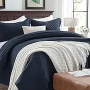 SunStyle Home King Quilt Bedding Set Navy, Lightweight Summer Bedspread Blanket, King Size Quilt, Luxury Durable Quilted Stitching Coverlet with 2 Pillow Shams Diamond in Pattern All Seasons 3pcs