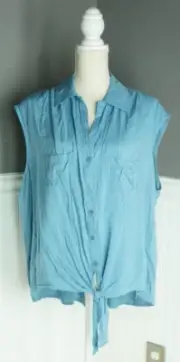 NEW Melissa Paige Aqua Sleeveless 100% Rayon Tie Bottom Button Up Top 1X NWT