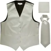 New Men's silver formal vest Tuxedo Waistcoat ascot & hankie set wedding prom