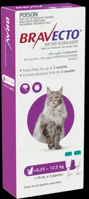 Bravecto Spot on for Large cats >6.25 - 12.5kg pack of 2 Tick and Flea control