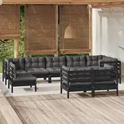 9 Piece Garden Lounge Set with Cushions Black Solid Pinewood, Conversation Sets