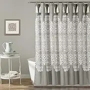 Lush Decor Boho Medallion Shower Curtain-Fabric Bohemian Damask Print Design with Tassels, 72" x 72", Gray