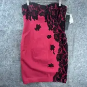 Aidan Mattox Cocktail Dress 8 Red Black Floral Lace Stretch Romantic Goth Vamp