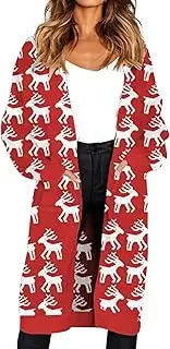 [Angashion] Women's Long Sleeves Leopard Print Knitting Cardigan Open Front Warm Sweater Outwear Coats with Pocket Elk M