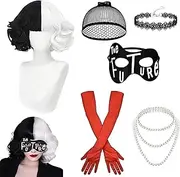 HIQE-FL Cruella Costume Women, Halloween Costume Women, 70s Accessories, Short Black White Cosplay Wigs with Fringe, Women's Lace Mask, Gloves Necklace Set, Cosplay Costume Party (B)