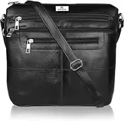 [K London] Ladies Cross Body Handbag, Single One Strapped Designer Shoulder Hand Bag with 7 Pockets in Soft Leather, Plain Black (KL_922_BLK), Black, M, Shoulder Bag