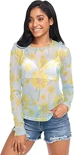 [RPLIFE] Yellow Daisy Flowers Light Blue Net Blouse for Women, Transparent Tops for Women Sexy S-XXL