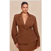 Plus Mushroom Woven Cinched Waist Fitted Blazer, Mushroom