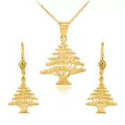 14K Gold Lebanese Cedar Tree Necklace Earring Set(Yellow/Rose/White)