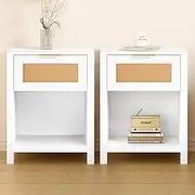 ALFORDSON 2PCS Bedside Table,Woven Rattan Front, 50 x 38 x 64cm, 1 Spacious Drawer＆Open Shelf, Modern Nightstand Side End Table, for Bedroom, Living Room, White