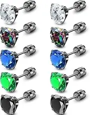 [ONESING] 5Pairs Screw Back Mens Earrings Stud Surgical Stainless Steel Studs Earrings for Women Men Hypoallergenic Cubic Zirconia Flat Back Screw on Earring for Multiple Piercing