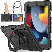 SEYMAC stock Protective Case for iPad 9th/8th/7th Generation 10.2 Inch 2021/2020/2019 with Rotatble Ring Handle Stand, Screen Protector, Adjustable Shoulder Strap,Pencil Holder, Black