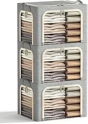 3 Openings Clothes Storage Bins with Metal Frame, Foldable Storage Bin for Clothes, Clothing Storage Bins with Lid, Linen Storage Box With Clear Window＆ Zippers＆ Durable Handles.(3 Pcs,Light Grey,40L)