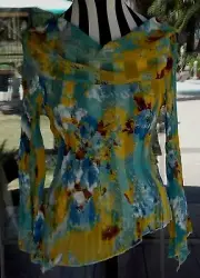 3/4 Split Flutter Sleeves Cowl Neck Pleat Asym Hem Sheer Shirt Sz. M 34-38" Bust