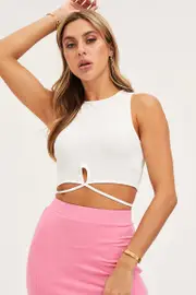White Jersey Tank Wrap Waist Ribbed - Size L, Women's Tank Crop