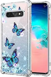KIOMY Clear Glitter Case for Samsung Galaxy S10, Girls Women Bling Sparkle Shiny Luxury Cases with Flowers Butterfly Design Shockproof Bumper Protective Cell Phone Back Cover Slim Fit Flexible Shining