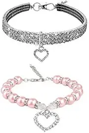 WoYous Rhinestones Dog Collar and Pearl Dog Necklace Set, Adjustable Neck Strap Bling Full Diamond Crystal Cute Pearl Dog Collar for Small Girls Cats Puppy Accessary for Wedding Birthday Party,