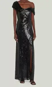 $850 Badgley Mischka Women's Black Off Shoulder Sequin Column Gown Dress Size 14