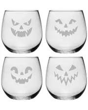 Susquehanna Glass Company Set of 4 Scary Faces Assortment Stemless Wine Glasses
