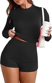 [BARASA] Workout Outfit Sets for Women Summer Casual Comfy Stretchy Solid Homewear Long Sleeve Round Neck Tops Slim Fitted 2 piece Short Set S90 Black S, Black