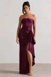 Ace | Plum Satin Bandeau Split Maxi Dress With Ruffle Drape