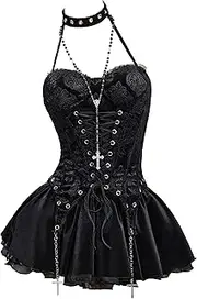 [MEOWCOS.COM] MEOWCOS Women Corset Dress Gothic Camisole and Skirt Set with Net Stockings and Lace Sleeves