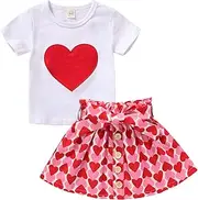 [YOUNGER TREE] Toddler Baby Girl Valentine's Day Outfit Heart T-shirt Tops and A-line Skirt Sets Kids 2Pcs Fashion Clothes