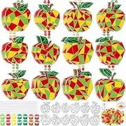 DoubleFill 24 Sets Apple Suncatchers Craft Bulk DIY Window Paint Art Craft Color Your Own Apple Kit Geometric Ornaments for Back to School Home Party Activity Decor