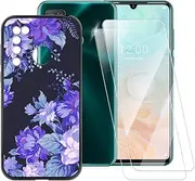 ESACMOT Purple Flowers Pattern Case Compatible with Doogee N20 Pro + [2 Pack] Screen Protector Tempered Glass, Shockproof Case Cover for Doogee N20 Pro (6.3 inch)