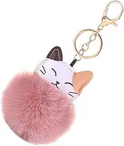 [ihreesy] Car Cat Keychain,Faux Fur Ball Pom Pom Key Holder Charms Key Ring Pendant Keychain Pendant Decoration for Purse Handbag Bag,Pink, Pink