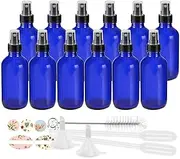 STARSIDE 12 Pack 120 ml 4oz Blue Glass Spray Bottles with Fine Mist Sprayer & Dust Cap for Essential Oils, Perfumes,Cleaning Products.Included 1 Brush,2 Funnels,2 Droppers & 18 Labels.