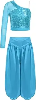 [Jugaoge] Kids Girls Lyrical Belly Dance Clothing Sets Shiny Sequins One Shoulder Sheer Mesh Crop Top With Satiny Pants
