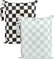 [Tiny Twinkle] Mess-proof Wet Bags 2 Pack Waterproof and Washable Bag for Travel storage, Stroller, Daycare, Baby Diapers, Yoga, Beach, Pool, Wet Toddler Swimsuits (Black, Green Checkers)