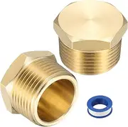 uxcell 2Pcs Brass Hex Head Plug Compression Cap Fitting Stop Valve Cap, 3/4" NPT Hex Thread Pipe Fitting Flare Cap Tubing Ends Sealing Cap with PTFE Tape for Air Conditioner, Water, Gold