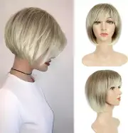 Blonde Wigs for Women Bob Short Hair Wigs with Brown Roots Wefted Synthetic Wig