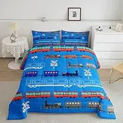 Cartoon Car Comforter Set for Kids Boys Girls Vintage Car Comforter Train Bedding Set Bedroom Decor Retro Steam Train Blue Light Sign Duvet Set Queen Size Quilt Set 3Pcs